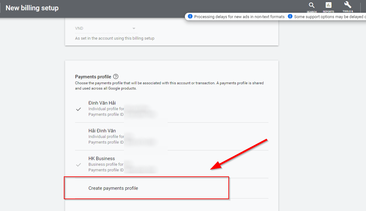 How to create a new payment profile in Google Ads