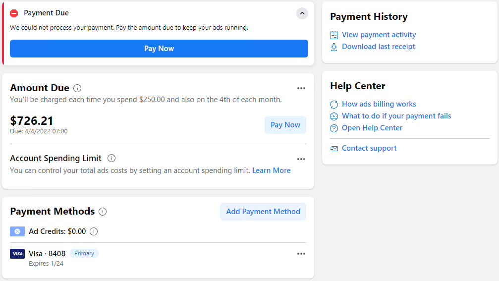 Payment methods on Facebook