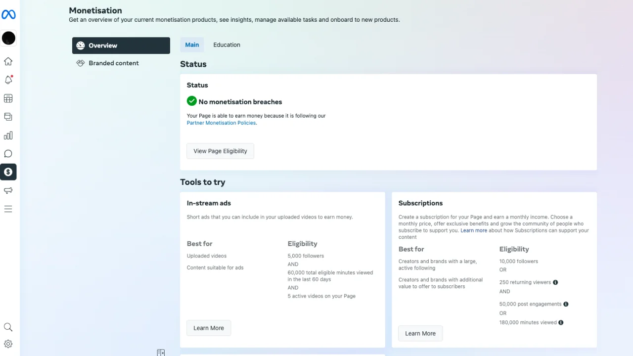 What conditions do you need to meet to enable monetization on Facebook?