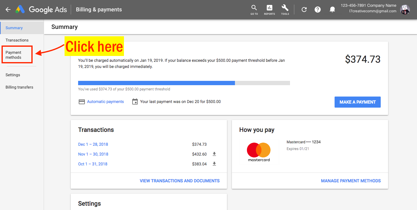 Overview of your Google Ads payment instrument
