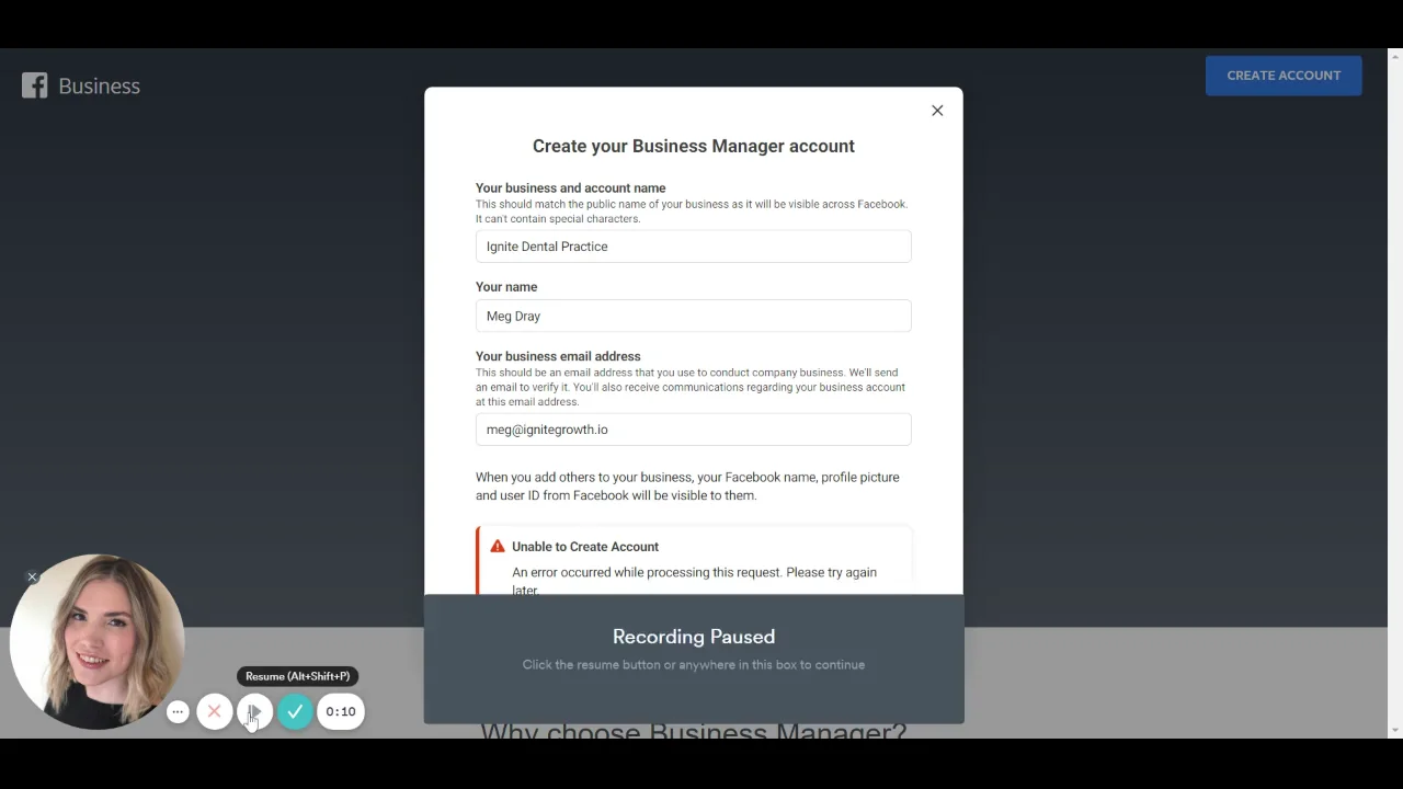 Fixing the unable to create account facebook business manager error