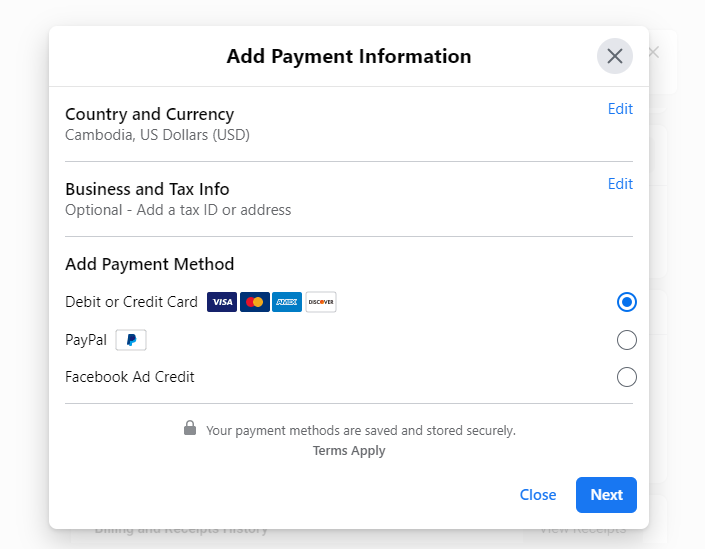 Detailed steps for easy payment using a Facebook Pay credit card