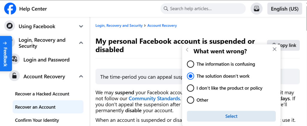 Instructions for writing an appeal for a disabled Facebook payment card